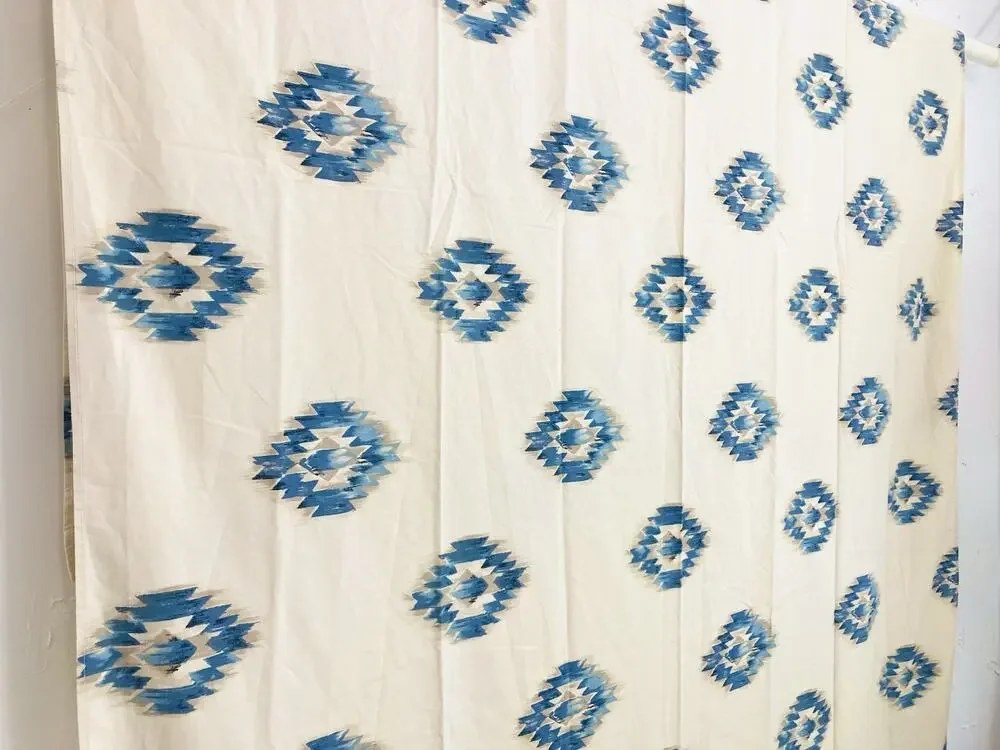 Vintage Springs USA Twin Sheet Flat Blue Southwest Aztec Crafting Fabric Ecru Cr